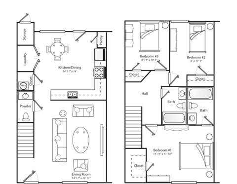Floor plan for 3 beds, 2.5 baths, 1273 sqft